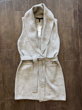 White House Black Market NWT SL MIDI Cardigan Knit Belted Shawl Neck Gray Sz S